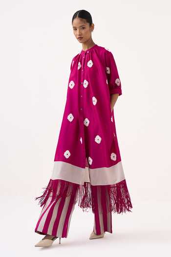 Three_Pink Chanderi, Poplin Round Neck Top And Pant Set _at_Aza_Fashions
