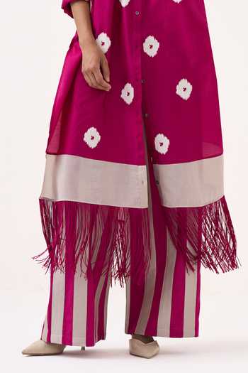 Shop_Three_Pink Chanderi, Poplin Round Neck Top And Pant Set 