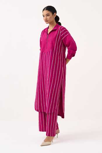 Three_Pink Mandarin Collar Embroidered Handwoven Cotton Kurta And Pant Set _Online_at_Aza_Fashions