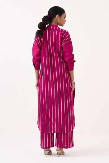 Shop_Three_Pink Mandarin Collar Embroidered Handwoven Cotton Kurta And Pant Set _at_Aza_Fashions