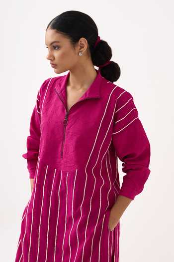 Shop_Three_Pink Mandarin Collar Embroidered Handwoven Cotton Kurta And Pant Set _Online_at_Aza_Fashions