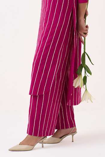 Three_Pink Mandarin Collar Embroidered Handwoven Cotton Kurta And Pant Set _at_Aza_Fashions