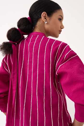 Shop_Three_Pink Mandarin Collar Embroidered Handwoven Cotton Kurta And Pant Set 