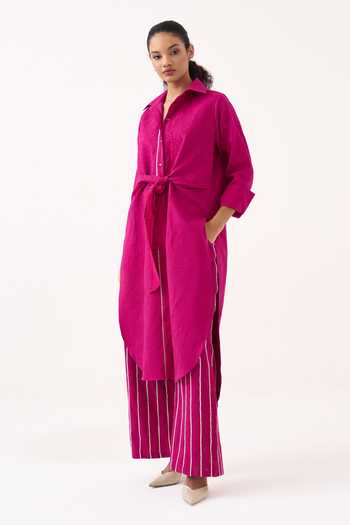 Buy_Three_Pink Cotton Collared Neck Front Knot Shirt And Pant Set _Online_at_Aza_Fashions