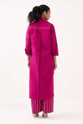 Shop_Three_Pink Cotton Collared Neck Front Knot Shirt And Pant Set _at_Aza_Fashions