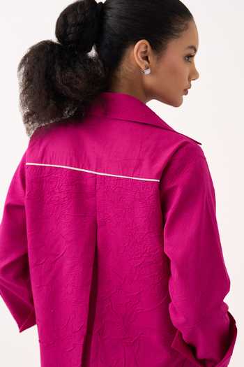 Shop_Three_Pink Cotton Collared Neck Front Knot Shirt And Pant Set _Online_at_Aza_Fashions