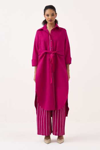 Buy_Three_Pink Cotton Collared Neck Front Knot Shirt And Pant Set _at_Aza_Fashions