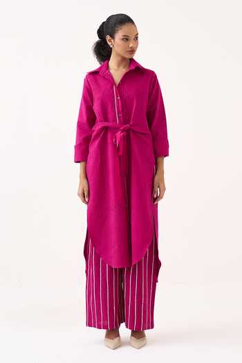 Three_Pink Cotton Collared Neck Front Knot Shirt And Pant Set _at_Aza_Fashions