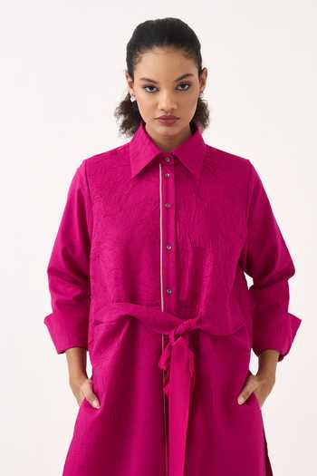 Buy_Three_Pink Cotton Collared Neck Front Knot Shirt And Pant Set 