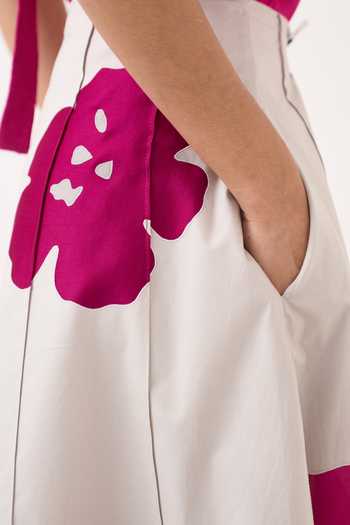 Three_Beige Silk, Crepe, Poplin Round Neck Sleeveless Top And Applique Skirt Set _Online_at_Aza_Fashions