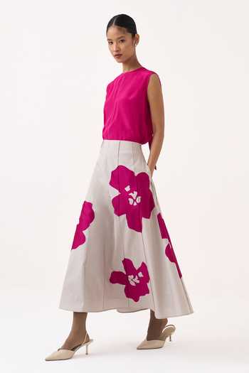 Three_Beige Silk, Crepe, Poplin Round Neck Sleeveless Top And Applique Skirt Set _at_Aza_Fashions