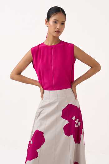Shop_Three_Beige Silk, Crepe, Poplin Round Neck Sleeveless Top And Applique Skirt Set 