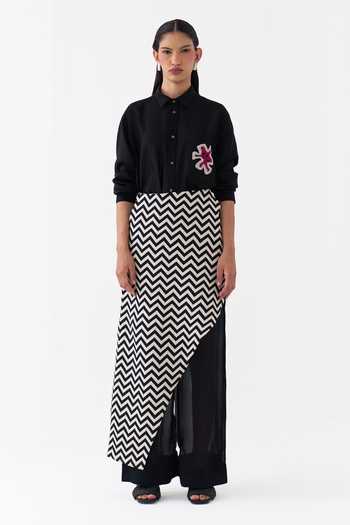 Buy_Three_Black Chanderi, Handloom Cotton, Twill, Organza Collared Neck Shirt Set _at_Aza_Fashions
