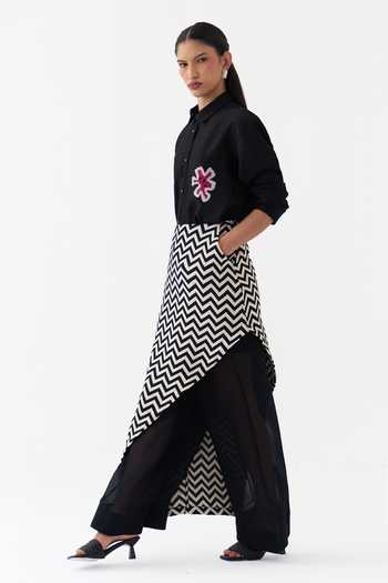 Three_Black Chanderi, Handloom Cotton, Twill, Organza Collared Neck Shirt Set _Online_at_Aza_Fashions