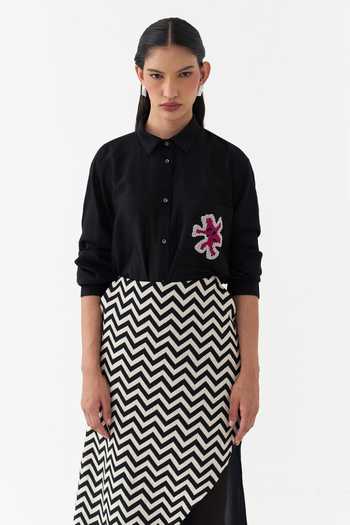 Shop_Three_Black Chanderi, Handloom Cotton, Twill, Organza Collared Neck Shirt Set _Online_at_Aza_Fashions