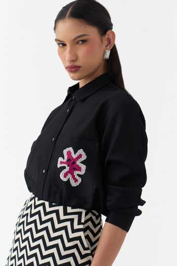 Three_Black Chanderi, Handloom Cotton, Twill, Organza Collared Neck Shirt Set _at_Aza_Fashions