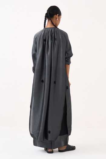 Shop_Three_Grey Tissue Round Neck Metallic Top And Pant Set _at_Aza_Fashions