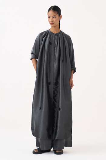Buy_Three_Grey Tissue Round Neck Metallic Top And Pant Set _at_Aza_Fashions