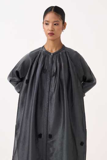 Shop_Three_Grey Tissue Round Neck Metallic Top And Pant Set _Online_at_Aza_Fashions