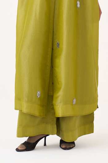 Three_Lime Tissue Round Neck Hand Embroidery Metallic Shirt And Pant Set _Online_at_Aza_Fashions