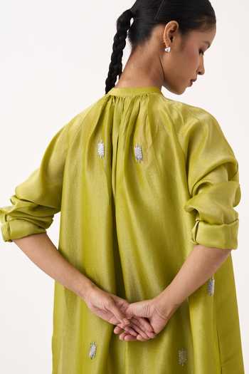 Buy_Three_Lime Tissue Round Neck Hand Embroidery Metallic Shirt And Pant Set _Online_at_Aza_Fashions