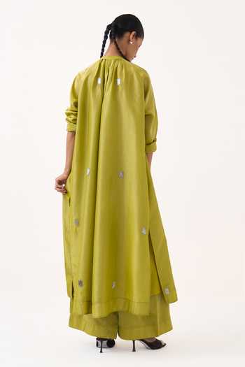 Shop_Three_Lime Tissue Round Neck Hand Embroidery Metallic Shirt And Pant Set _at_Aza_Fashions