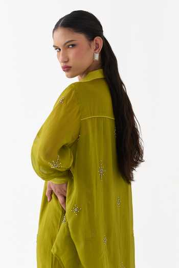 Buy_Three_Lime Organza Collared Neck Shirt And Dress Set _Online_at_Aza_Fashions