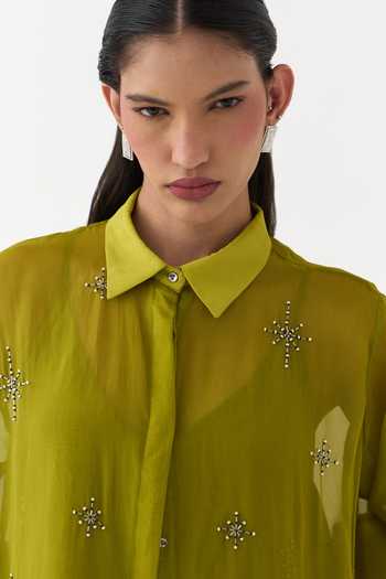 Shop_Three_Lime Organza Collared Neck Shirt And Dress Set _Online_at_Aza_Fashions