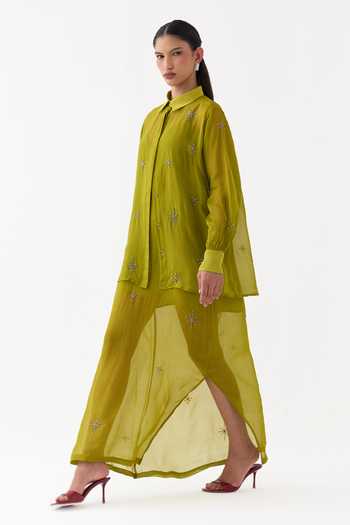 Three_Lime Organza Collared Neck Shirt And Dress Set _at_Aza_Fashions