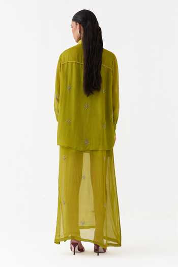Shop_Three_Lime Organza Collared Neck Shirt And Dress Set _at_Aza_Fashions