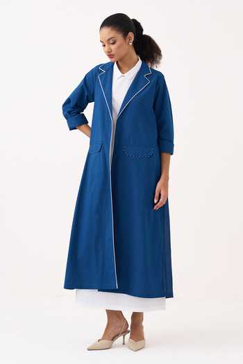 Three_Blue Poplin, Chanderi, Handloom Cotton Collared Neck Jacket Pant Set _Online_at_Aza_Fashions