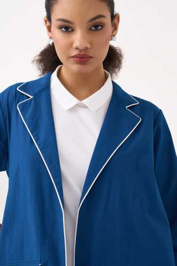 Three_Blue Poplin, Chanderi, Handloom Cotton Collared Neck Jacket Pant Set _Online