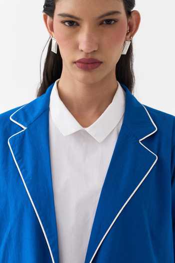 Buy_Three_Blue Poplin, Chanderi, Handloom Cotton Collared Neck Jacket Pant Set _Online