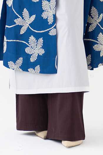 Shop_Three_Cobalt Chanderi, Poplin Collared Neck Embroidered Jacket Kurta Set _Online_at_Aza_Fashions