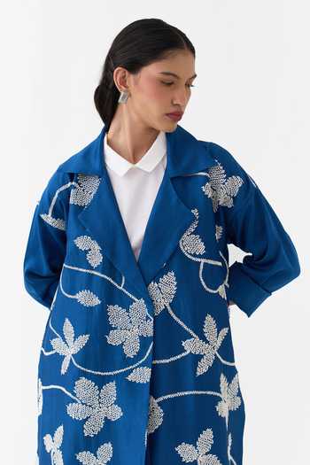 Shop_Three_Cobalt Chanderi, Poplin Collared Neck Embroidered Jacket Kurta Set 