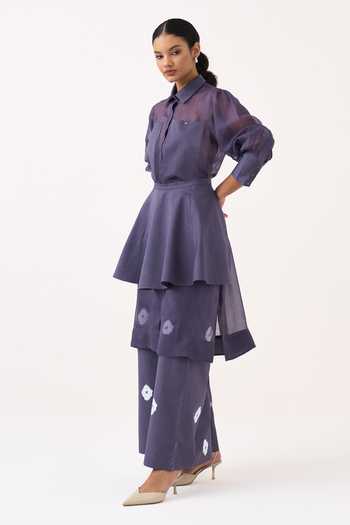 Three_Purple Organza, Poplin Collared Neck Beaded Shirt Set _Online_at_Aza_Fashions