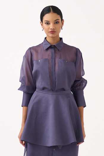 Three_Purple Organza, Poplin Collared Neck Beaded Shirt Set _at_Aza_Fashions