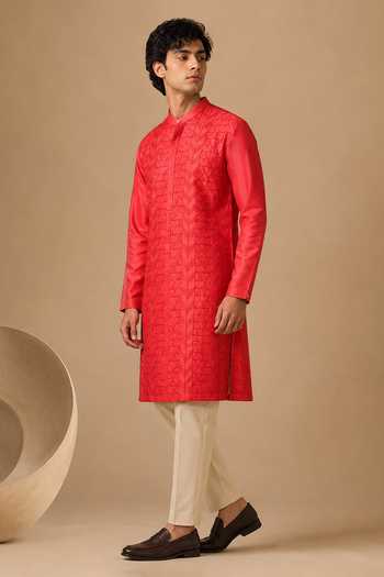 Mayank Modi - Men_Coral Chanderi Red Kurta Set _Online_at_Aza_Fashions
