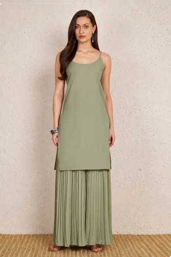 Shop_NUHH_Green Round Neck Embroidered Kurta And Pleated Palazzo Set _Online_at_Aza_Fashions