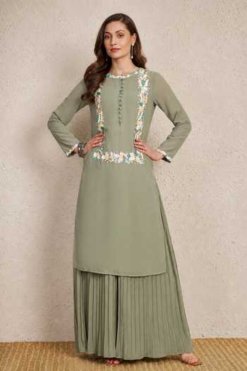 Buy_NUHH_Green Round Neck Embroidered Kurta And Pleated Palazzo Set _at_Aza_Fashions