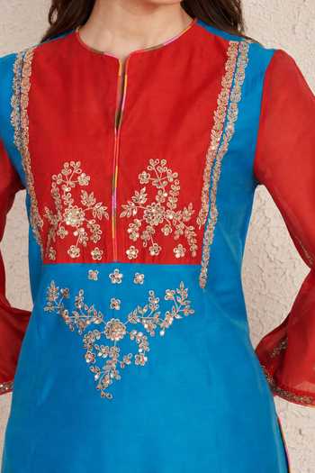 NUHH_Blue Silk Mandarin Collar Colorblock Kurta Set _at_Aza_Fashions