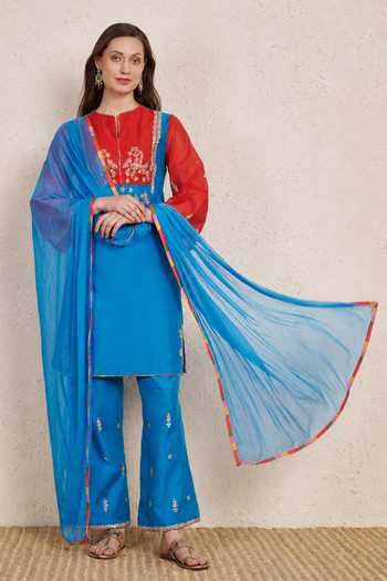 Buy_NUHH_Blue Silk Mandarin Collar Colorblock Kurta Set 