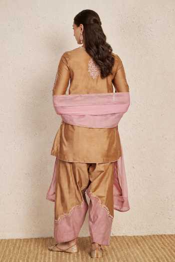 Shop_NUHH_Beige Silk Split V-neck, Yes Hand Embroidered Kurta Set _at_Aza_Fashions