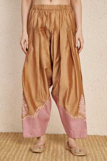 NUHH_Beige Silk Split V-neck, Yes Hand Embroidered Kurta Set _Online_at_Aza_Fashions