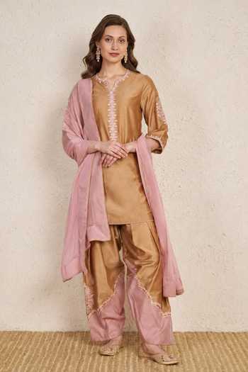 Buy_NUHH_Beige Silk Split V-neck, Yes Hand Embroidered Kurta Set _at_Aza_Fashions