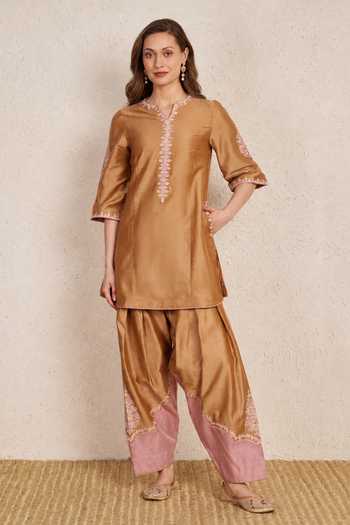 NUHH_Beige Silk Split V-neck, Yes Hand Embroidered Kurta Set _at_Aza_Fashions