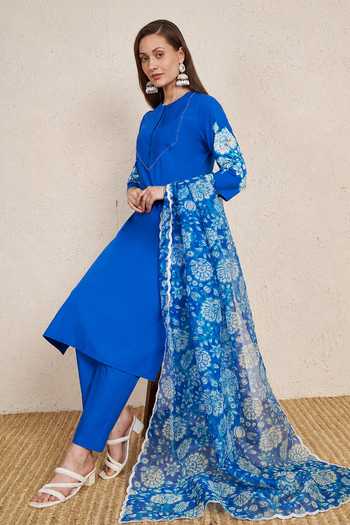 Buy_NUHH_Cobalt Cotton Round Neck, Yes Blue Kurta Set 