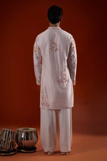 Shop_Sanchit Sharma_Pink Linen Floral Embroidered Kurta Set _at_Aza_Fashions