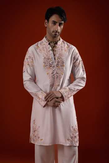 Sanchit Sharma_Pink Linen Floral Embroidered Kurta Set _Online_at_Aza_Fashions