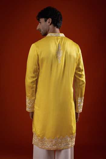Shop_Sanchit Sharma_Yellow Linen Embroidered Kurta With Dupatta _at_Aza_Fashions